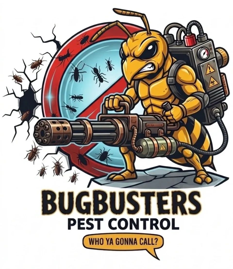 The BugBusters mascot: a cartoon hornet in goggles carrying a large spray rig, standing in front of a red-and-blue no-bugs roundel.